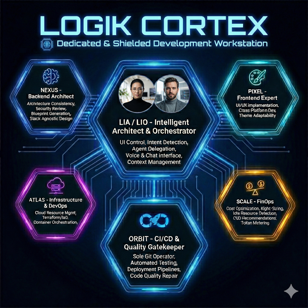 The Logik Cortex — LIA, NEXUS, PIXEL, ATLAS, ORBIT, SCALE